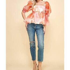 TCEC Babydoll Top Women's Size Small Orange and White Floral Puff Sleeve